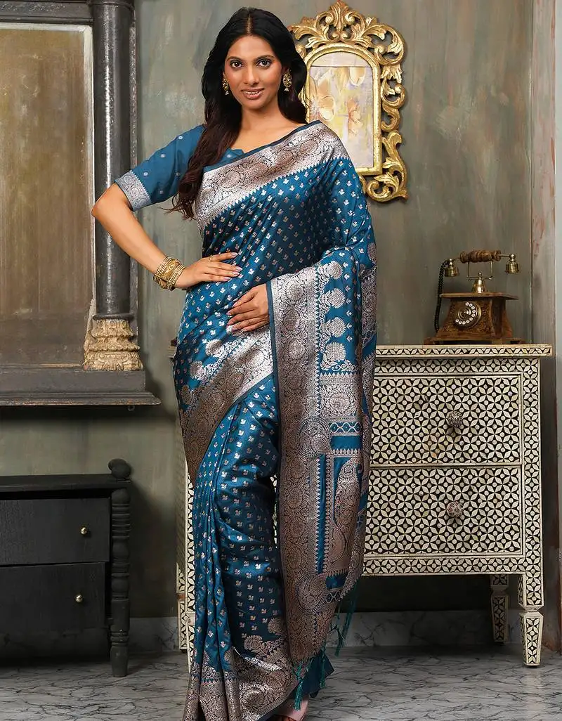 Blue color banarasi silk woven designer ethnic ceremonial wear graceful saree