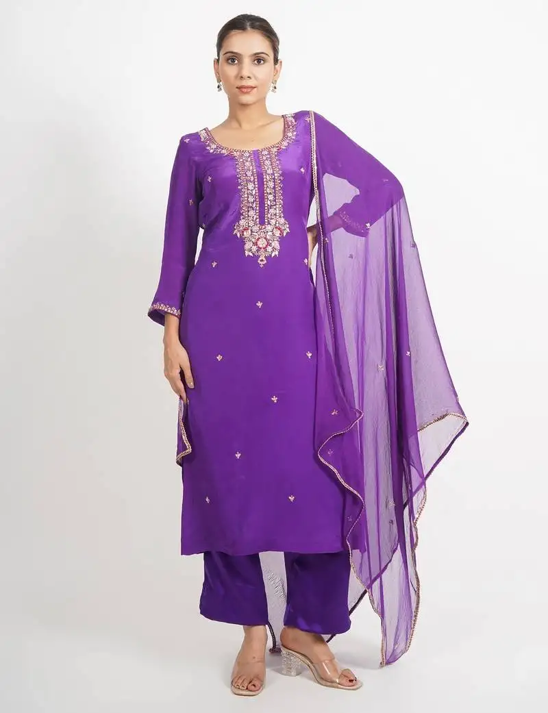 Purple 'man sagar' hand embroidered silk crepe womens suit- set of 3