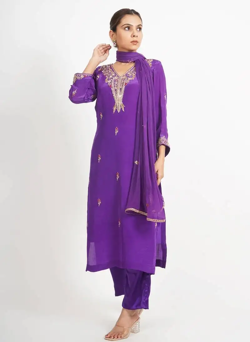 Purple 'kesar baag' hand embroidered silk crepe womens suit- set of 3