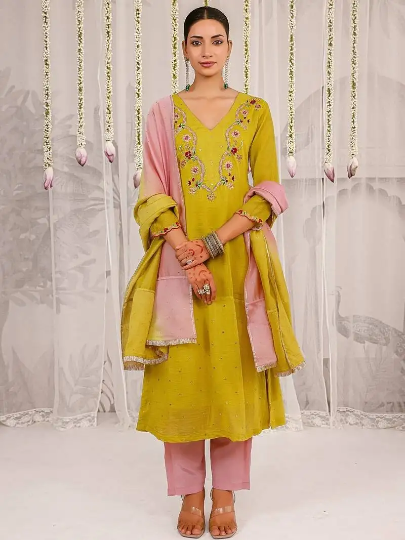 Yellow embroidered chanderi kurta set