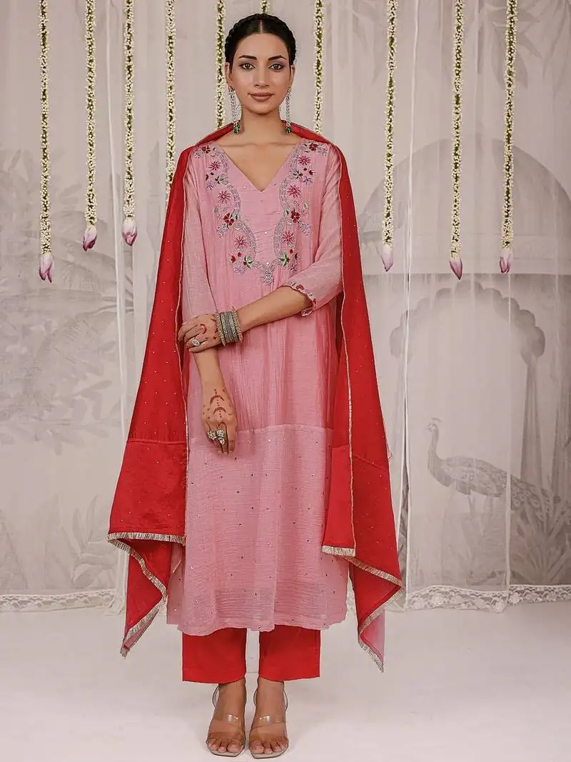Peach embroidered chanderi kurta set
