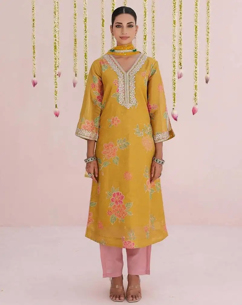 Yellow embroidered tissue kurta set