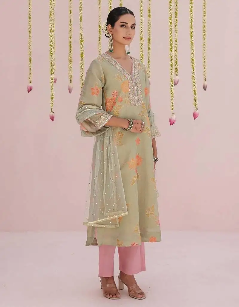 Green embroidered tissue kurta set