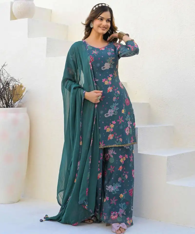 Blue georgette printed kurta palazzo with dupatta stitched