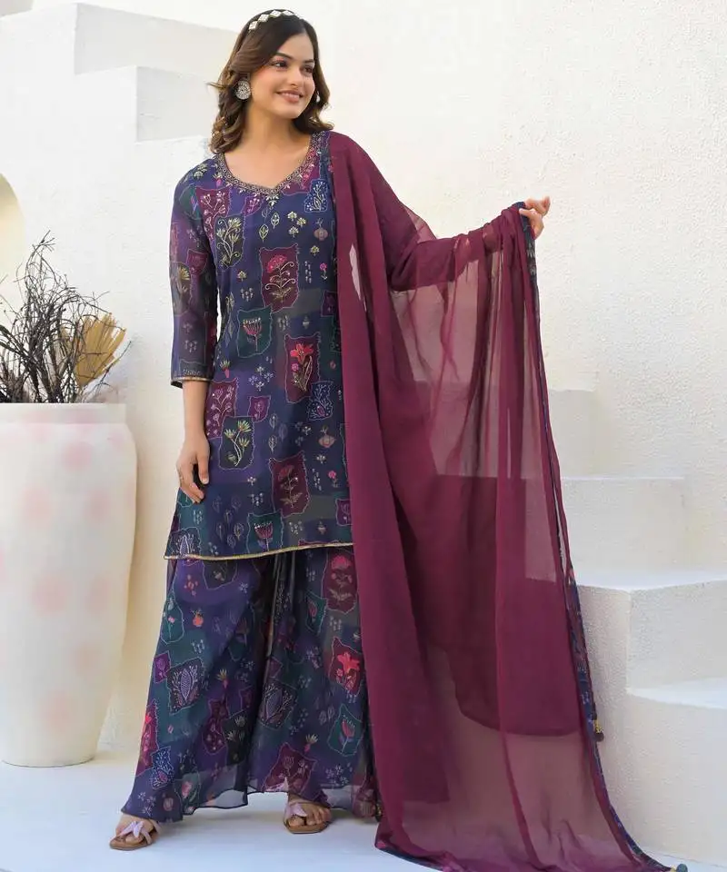 Purple georgette printed kurta palazzo with dupatta stitched