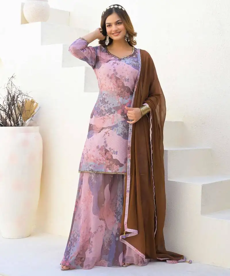 Cream georgette printed kurta palazzo with dupatta stitched