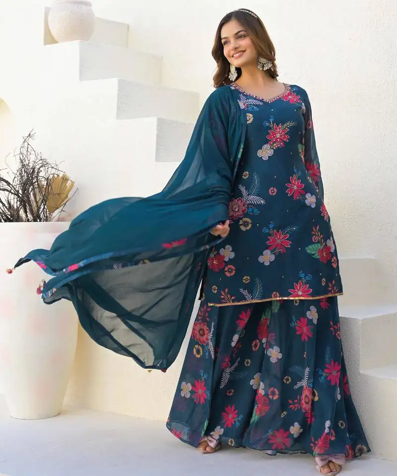 Navy blue georgette printed kurta palazzo with dupatta stitched
