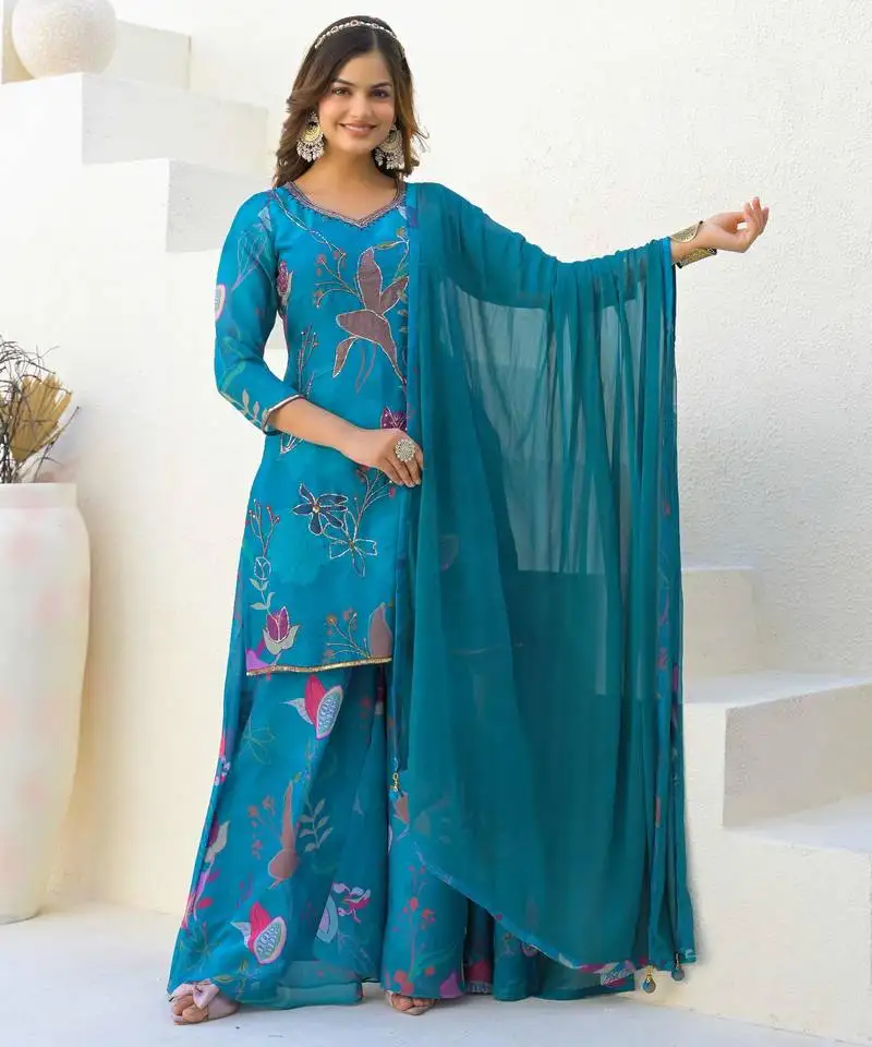 Blue georgette printed suit with dupatta stitched