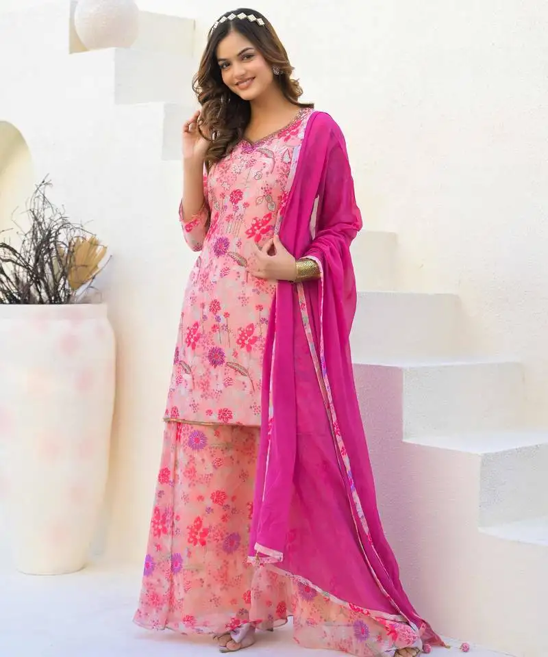 Pink georgette peach suit with dupatta stitched