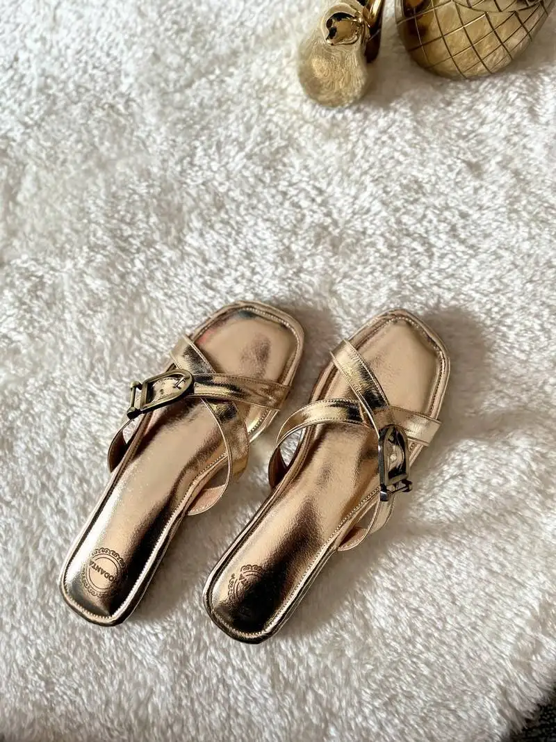 Gold solid leather flats