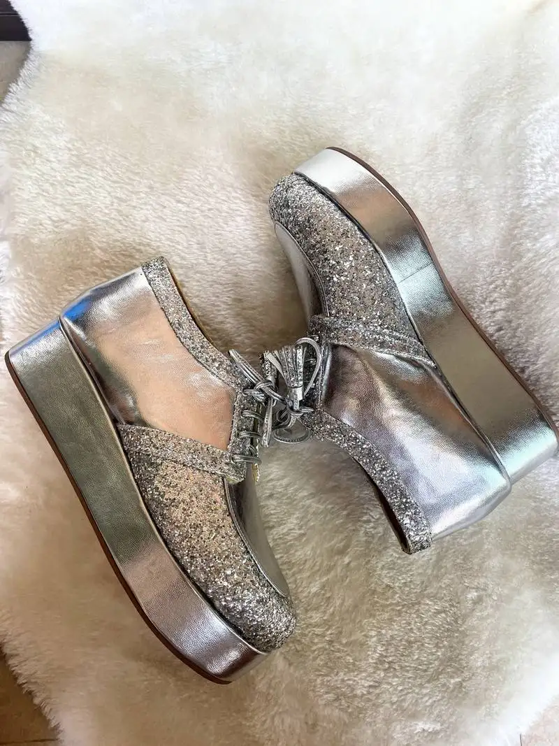 Silver solid leather wedges shoes