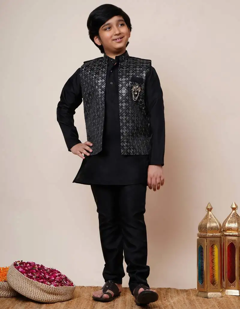 Boys black cotton silk geometric zari embroidered kurta pyjama set with shrug