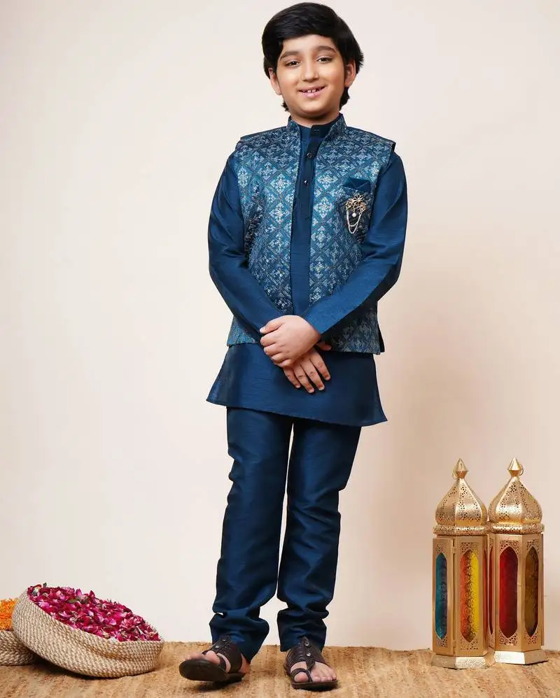 Boys royal blue cotton silk geometric zari embroidered kurta pyjama set with shrug