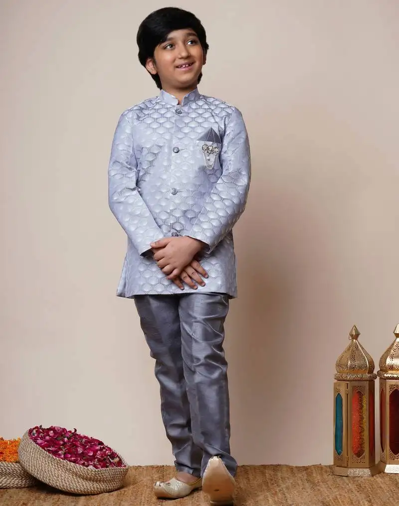 Boys grey jacquard scallop motifs sherwani set