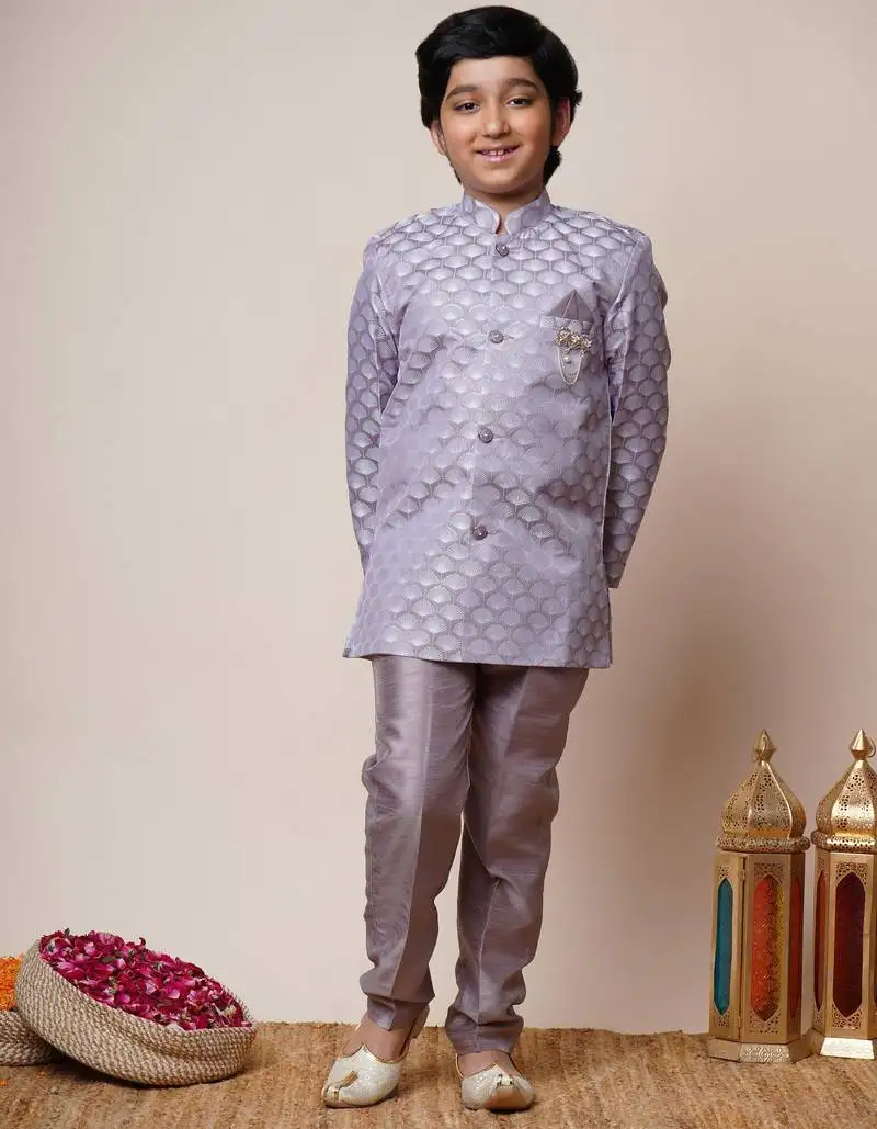 Boys lilac jacquard scallop motifs sherwani set