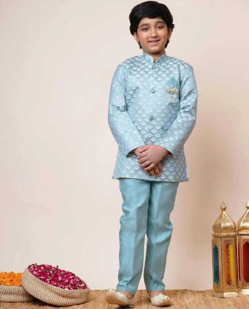 Boys sky blue jacquard scallop motifs sherwani set