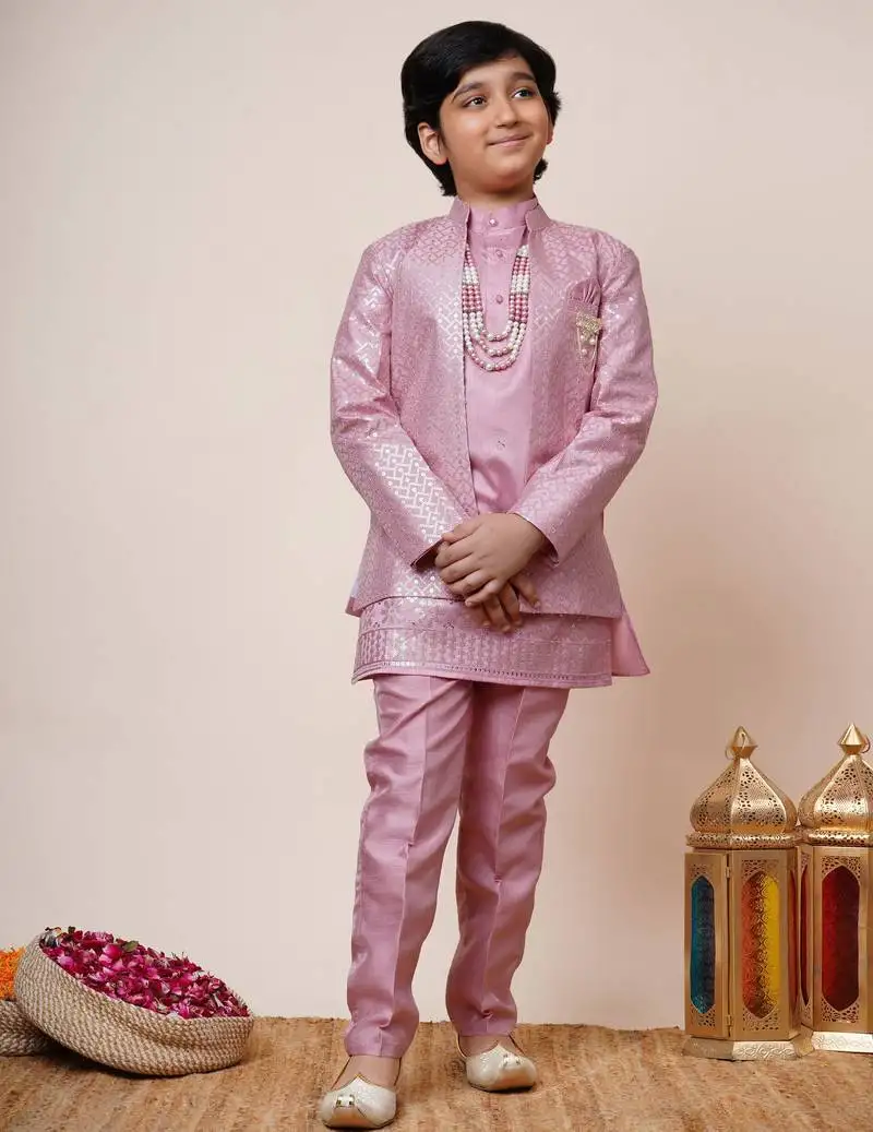 Boys onion pink cotton silk sequins embellished kurta pyjama set with shrug & necklace