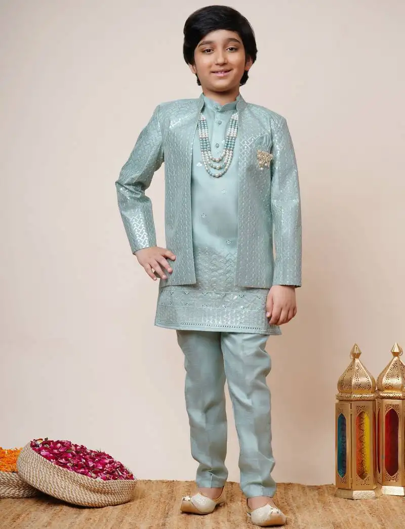 Boys sky blue cotton silk sequins embellished kurta pyjama set with shrug & necklace