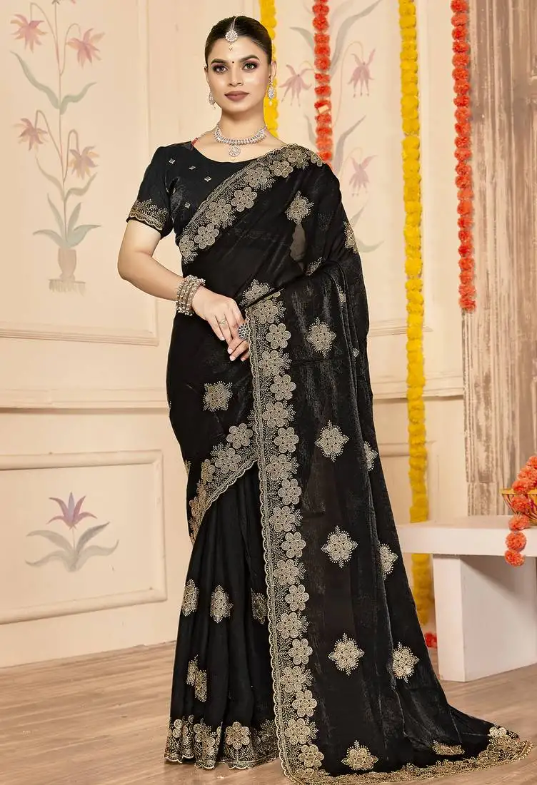 Black sequin siroski stone border work fendy two tone silk saree sari