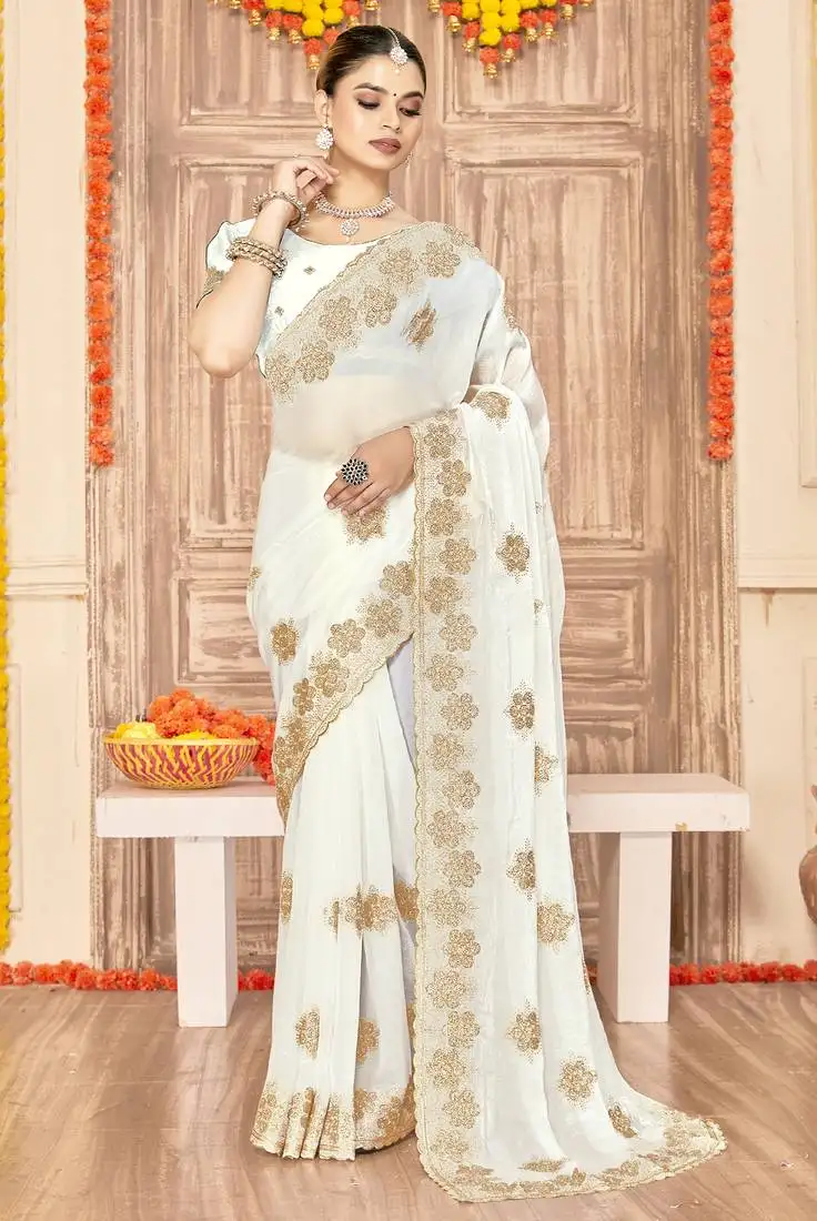 White sequin siroski stone border work fendy two tone silk saree sari