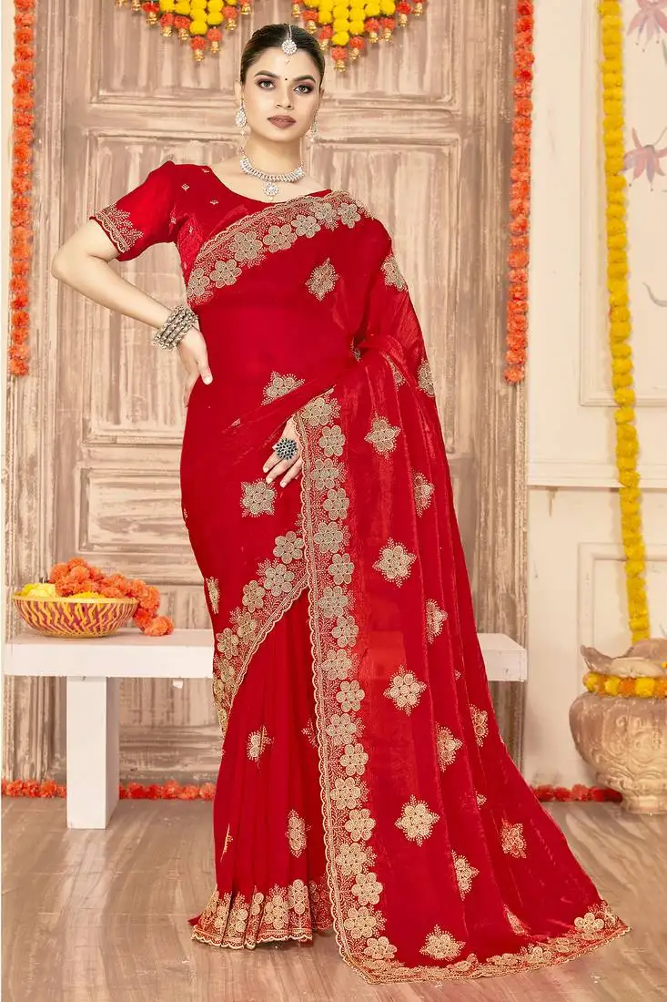 Red sequin siroski stone border work fendy two tone silk saree sari