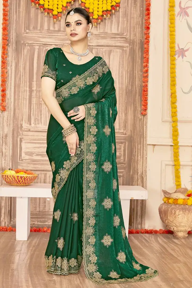 Bottle green sequin siroski stone border work fendy two tone silk saree sari