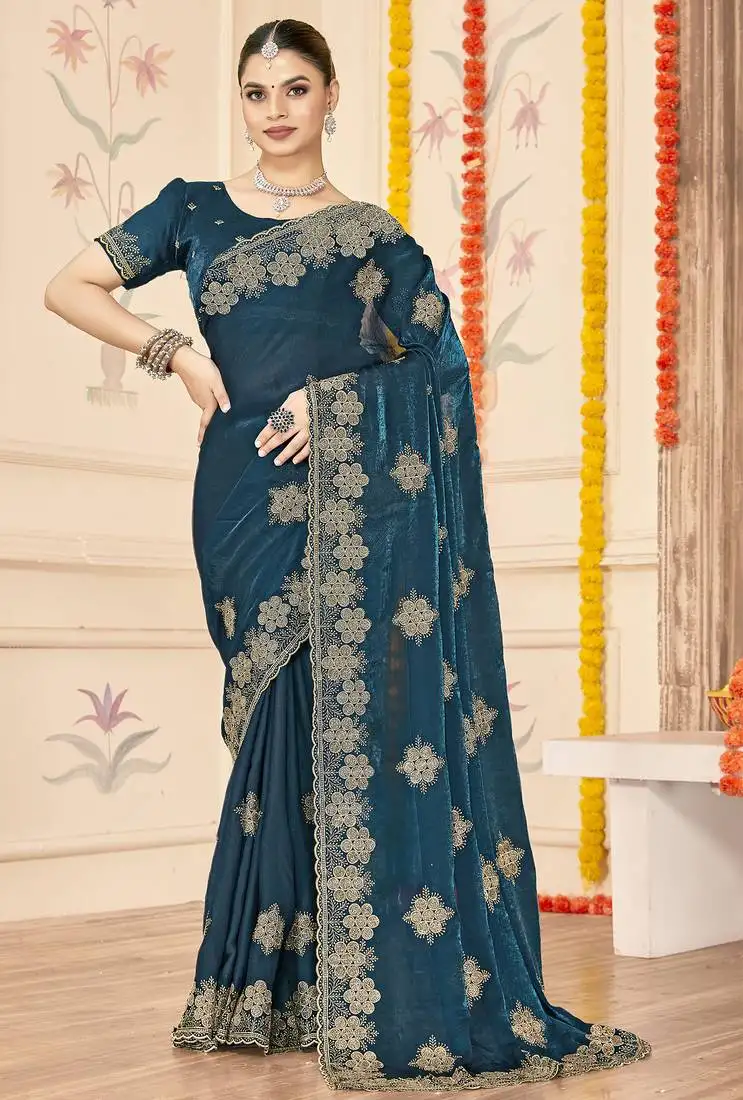 Teal blue sequin siroski stone border work fendy two tone silk saree sari