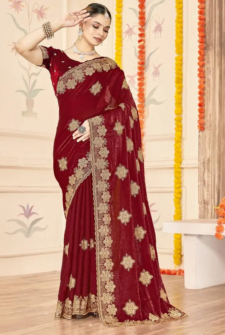 Maroon sequin siroski stone border work fendy two tone silk saree sari