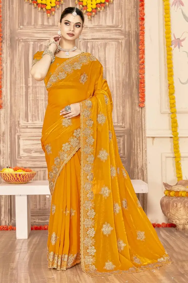 Mustard sequin siroski stone border work fendy two tone silk saree sari