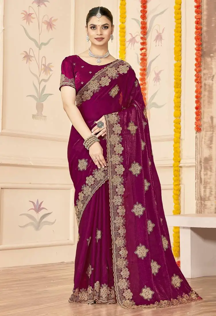 Wine sequin siroski stone border work fendy two tone silk saree sari