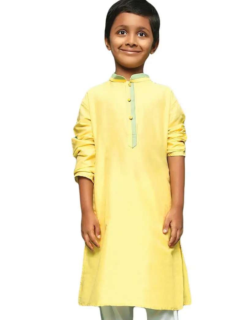 Yellow silk blend plain kurta for kids
