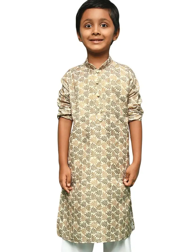 Brown cotton printed kurta for kids