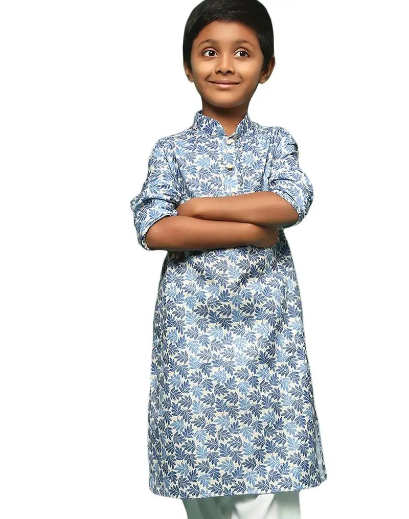 Blue cotton printed kurta for kids