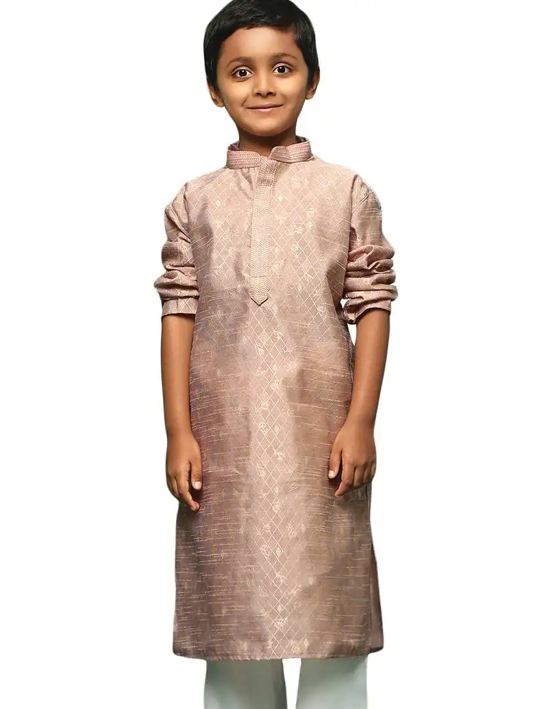 Beige silk printed kurta for kids