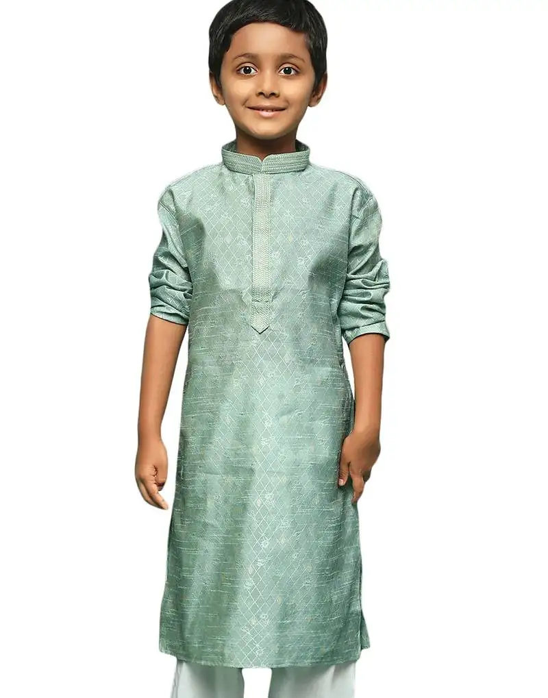 Green silk printed kurta for kids