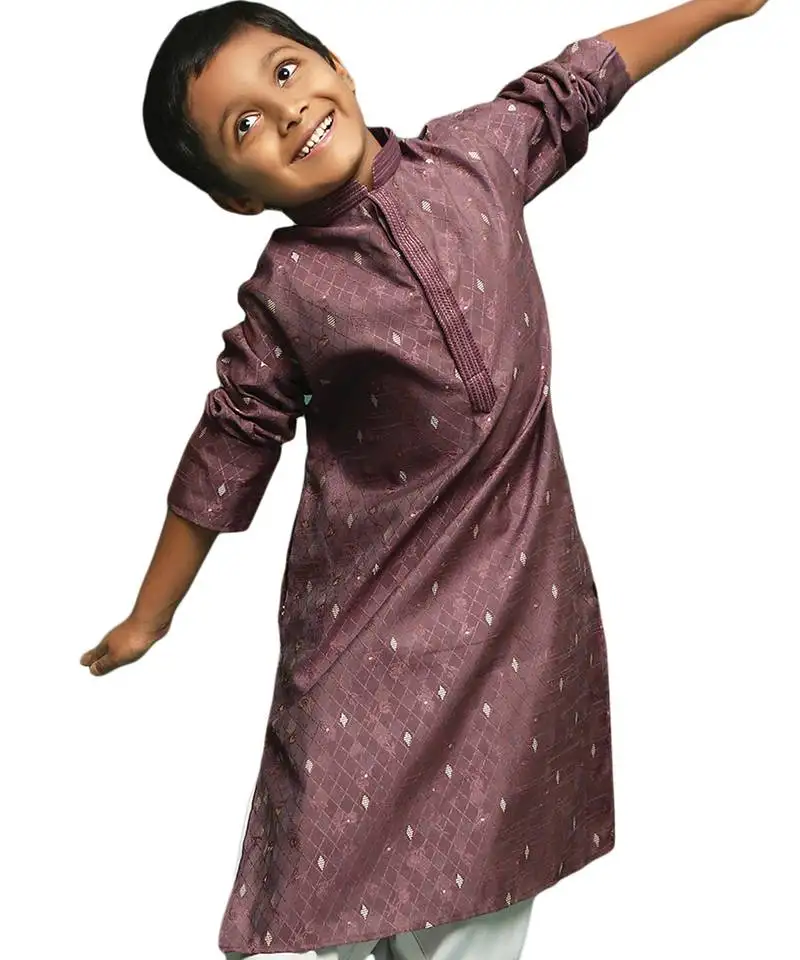 Red silk printed kurta for kids