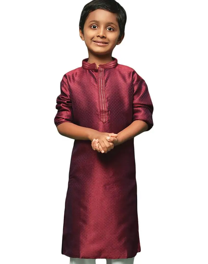 Maroon silk printed kurta for kids