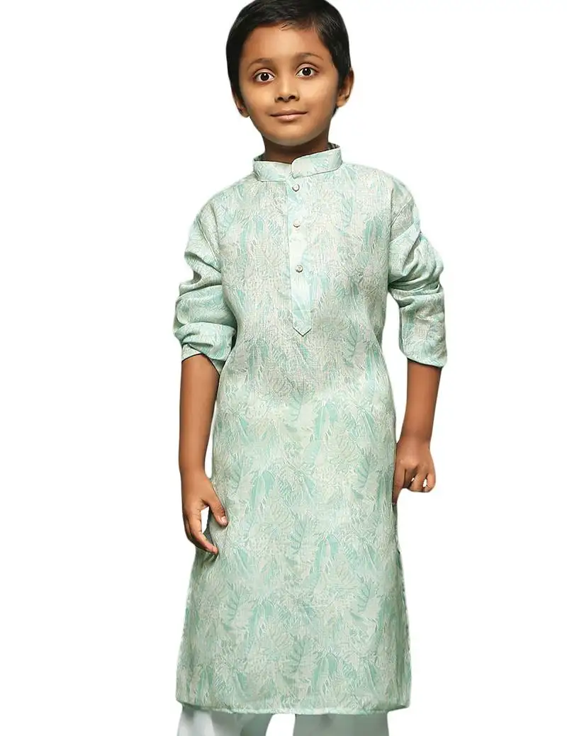 Green cotton printed kurta for kids