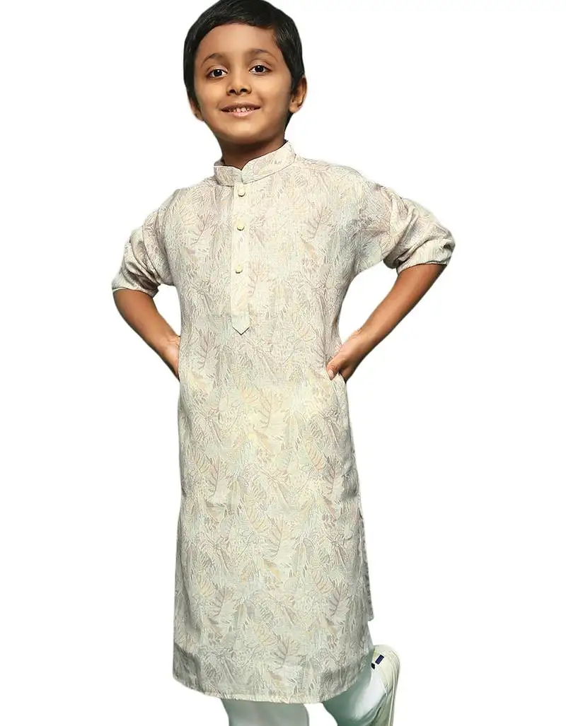 Beige cotton printed kurta for kids