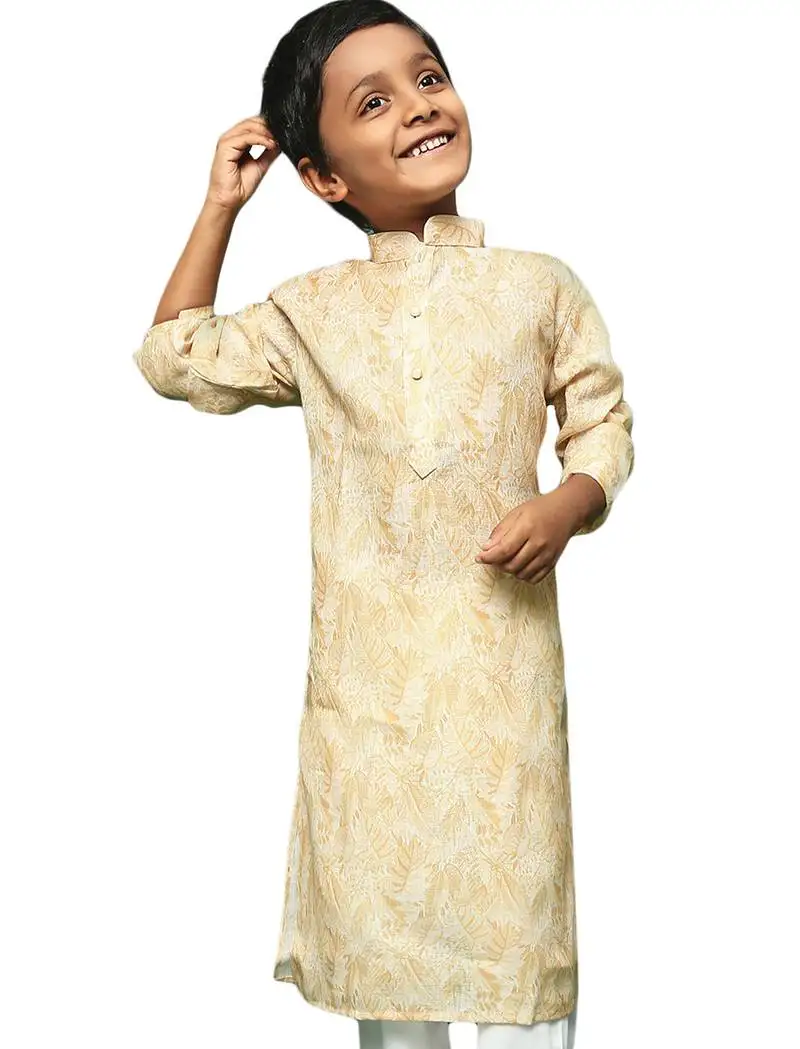 Yellow cotton printed kurta for kids
