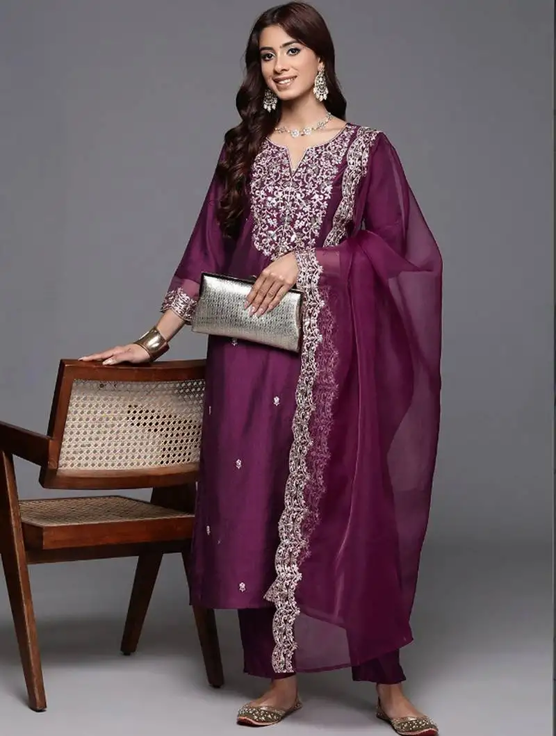 Wine chanderi heavy thread embroidered work kurta pant set