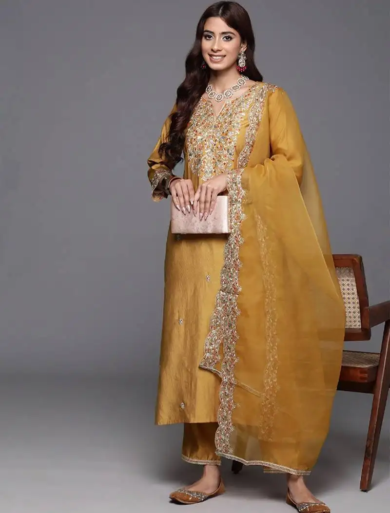 Yellow chanderi heavy thread embroidered work kurta pant set