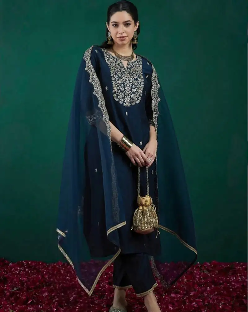 Blue chanderi heavy thread embroidered work kurta pant set