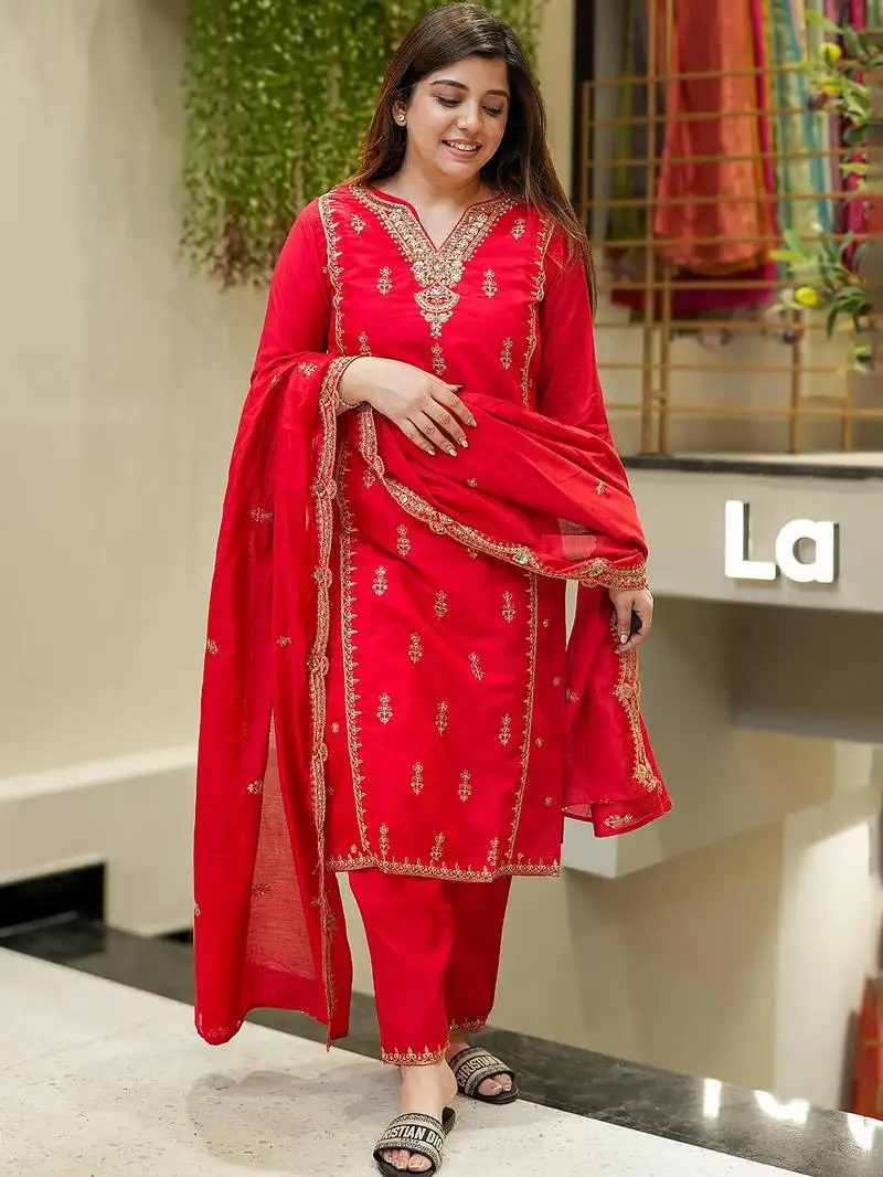 Red chanderi silk thread embroidered with sequins work kurta pant set