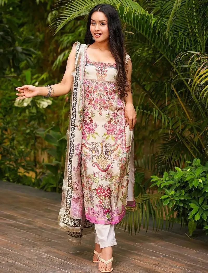 Cream french crepe printed kurta pant set