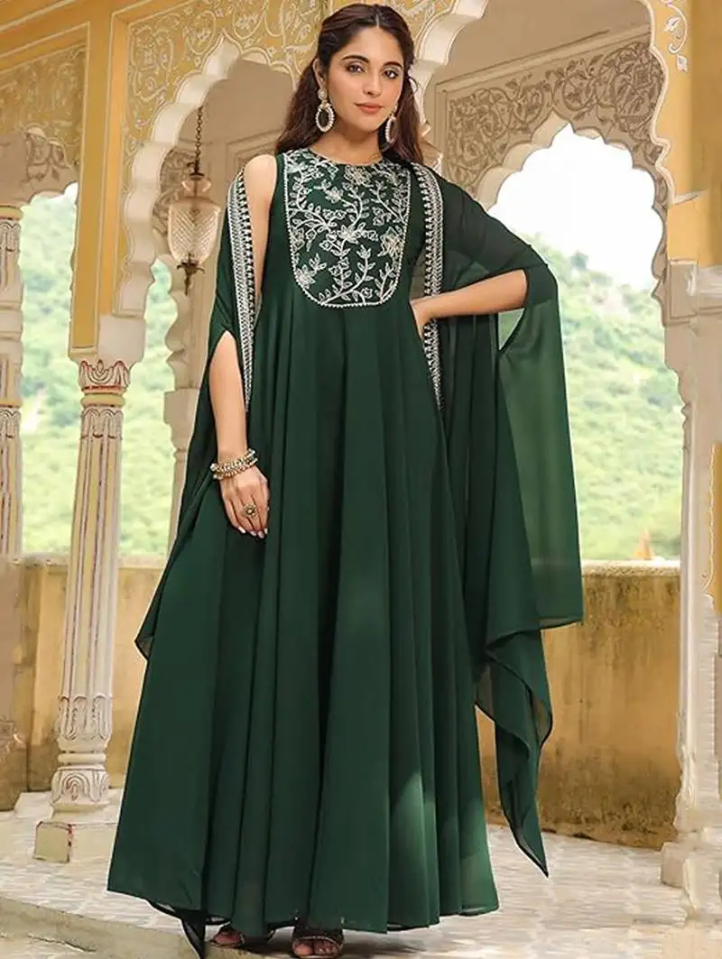 Dark green georgette heavy thread embroidered work anarkali dress with jacket