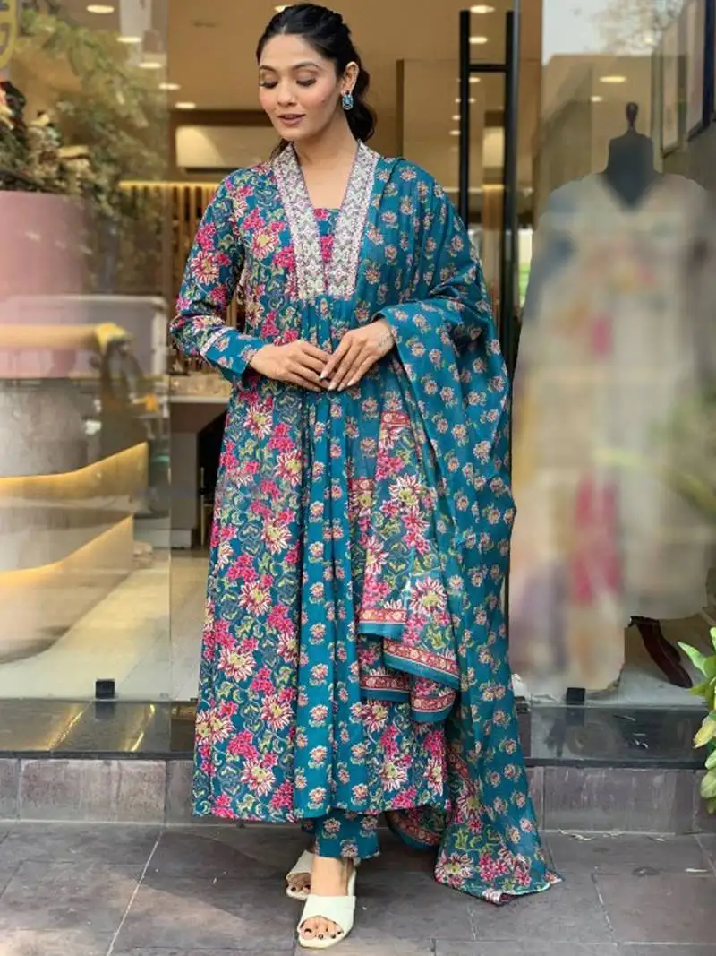 Teal cotton print with thread embroidered on neck kurta pant set