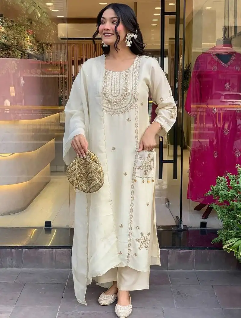 Off white art silk thread embroidered with sequins work kurta pant set