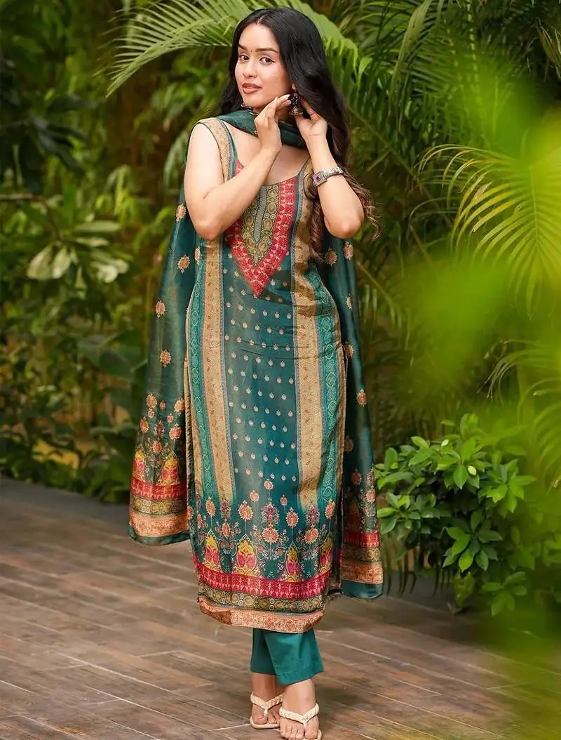 Teal green zarna silk printed kurta pant set