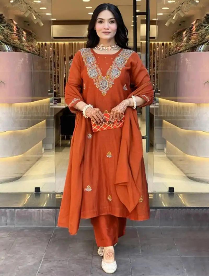 Dark orange vichitra heavy thread embroidered work kurta pant set